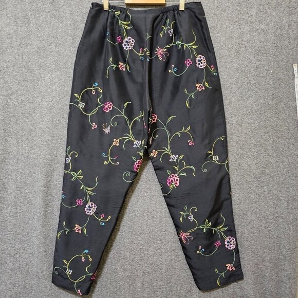 Vintage s.l.b Woman 100% Silk Pants Floral Embroidery Size 14W Black Formal - Picture 11 of 16
